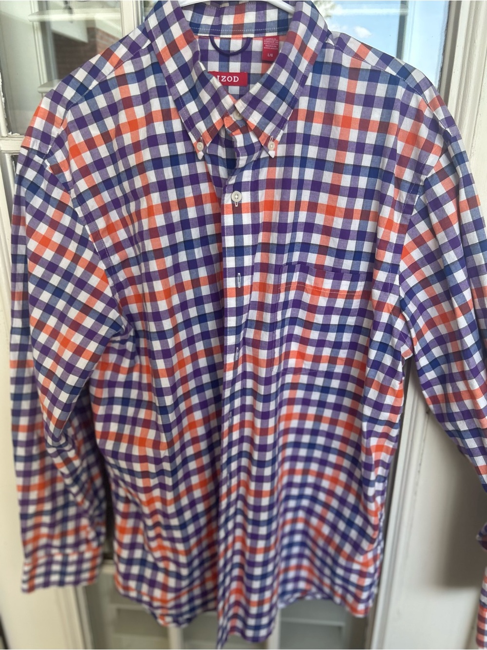 Izod Men’s Purple and Orange Plaid Button-Down Shirt